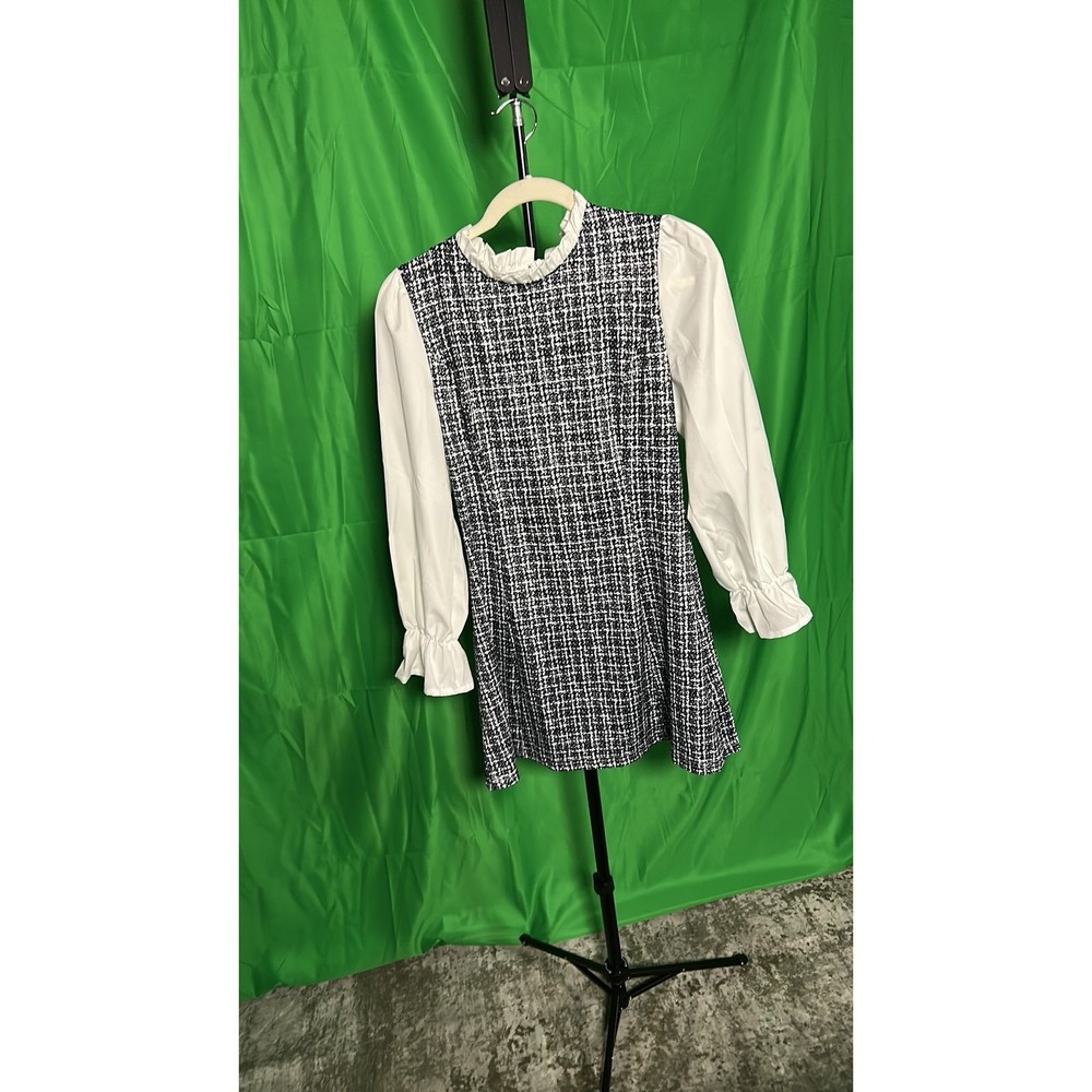 Contemporary Black White Tweed Mini Dress Ruffle Detail Preppy Office Small